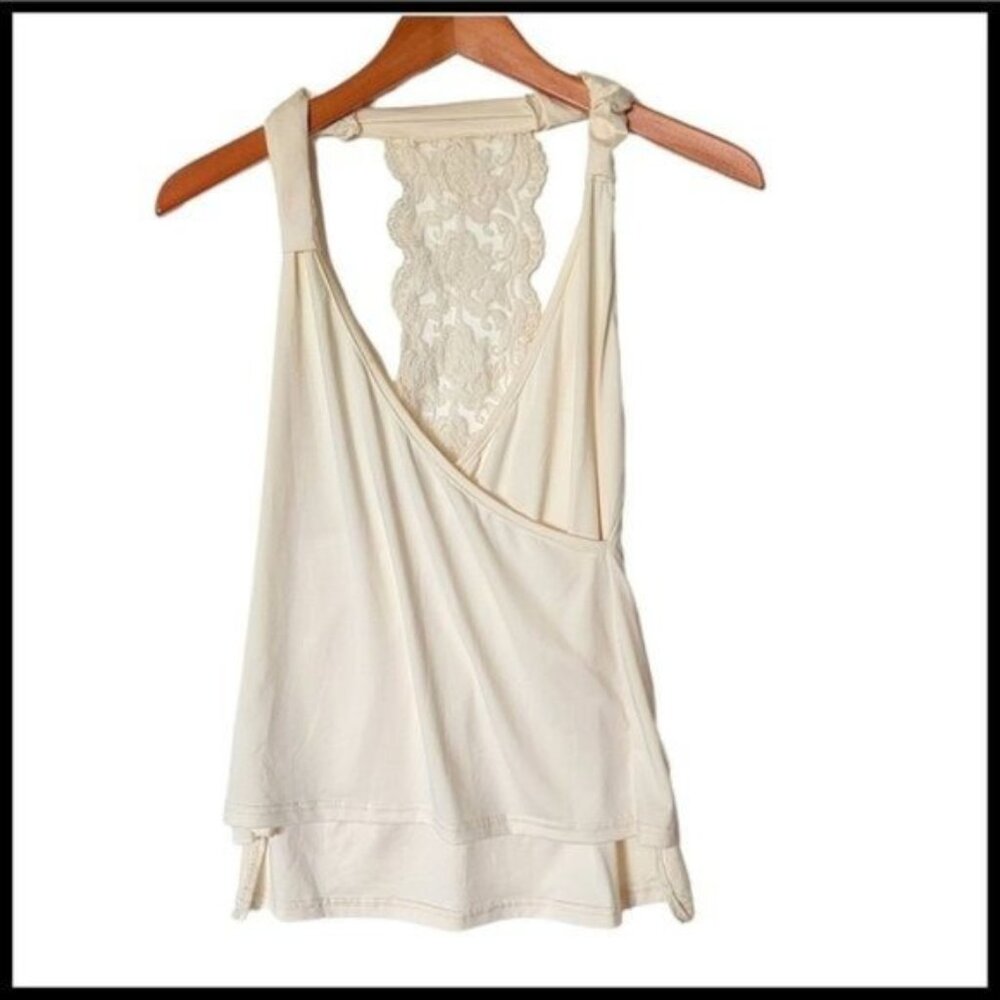 Show Lai Off White Racerback Lace Back Tank Top M Medium Twist Faux Wrap